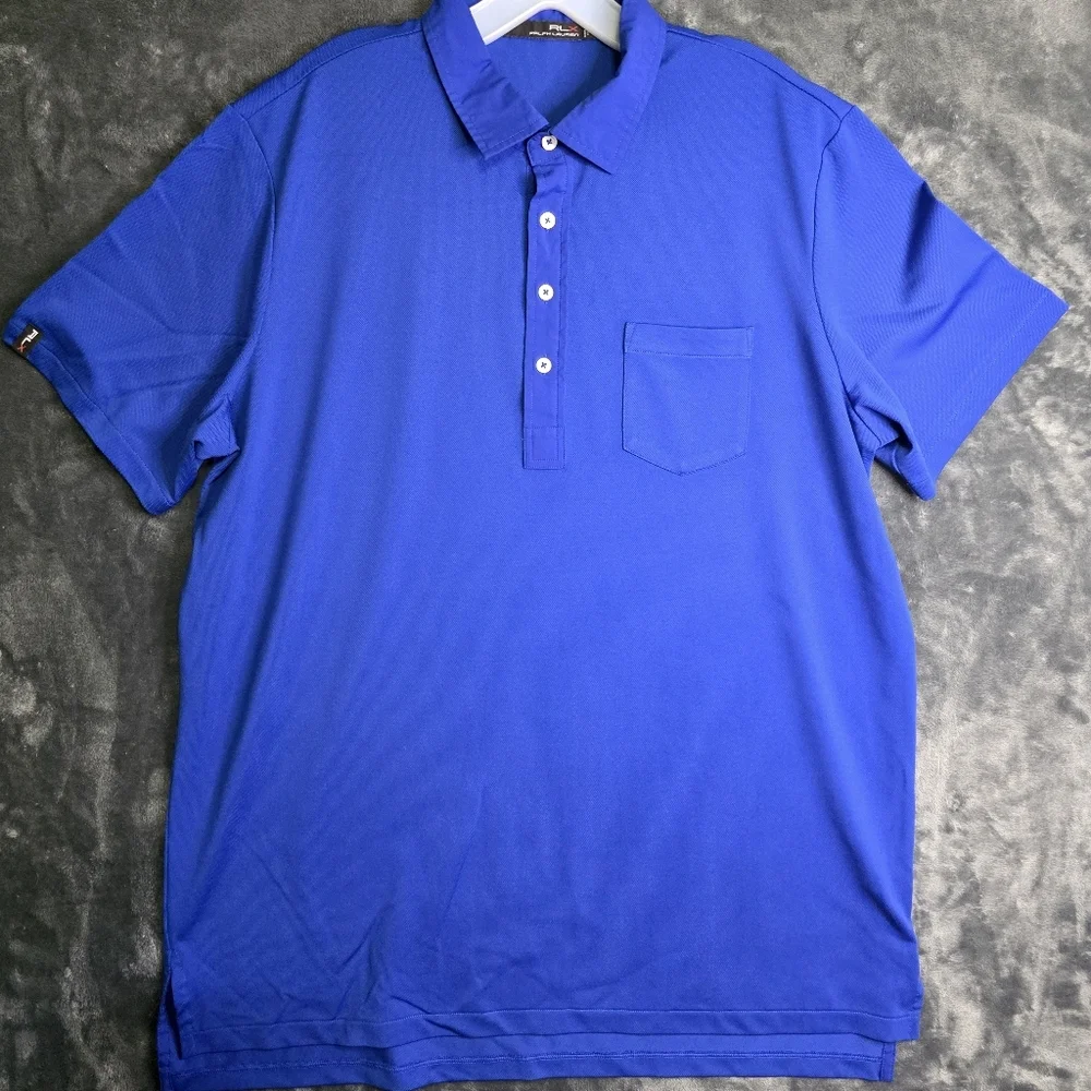 RLX Polo Shirt Men Large Blue Ralph Lauren Stretch Polyester Short Sleeve Pocket